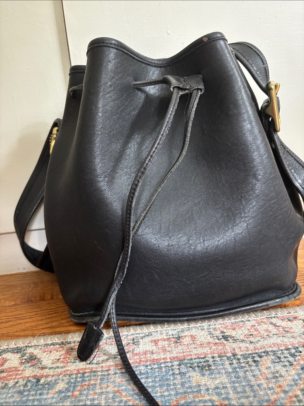 Coach Vintage Black Leather Drawstring Bucket Bag